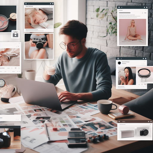 Stock photos showing a blogger using a laptop and product samples or brands tagged in social media posts. These images help humanize the content and represent the influencer relationships discussed.
