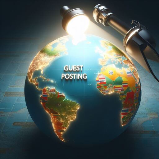 A spotlight shining on a globe or world map, highlighting different continents or regions to represent the diverse reach of guest posting.