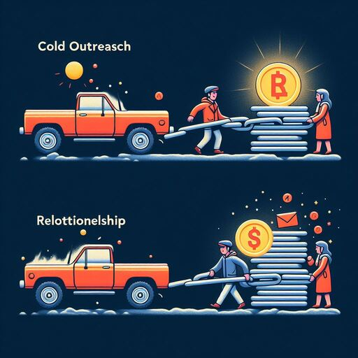 Description: A visual depiction of the importance of relationship-building in link outreach. Two contrasting scenarios illustrate the difference between a cold outreach email and a warm, relationship-based connection, emphasizing the value of prior interactions within the industry.
